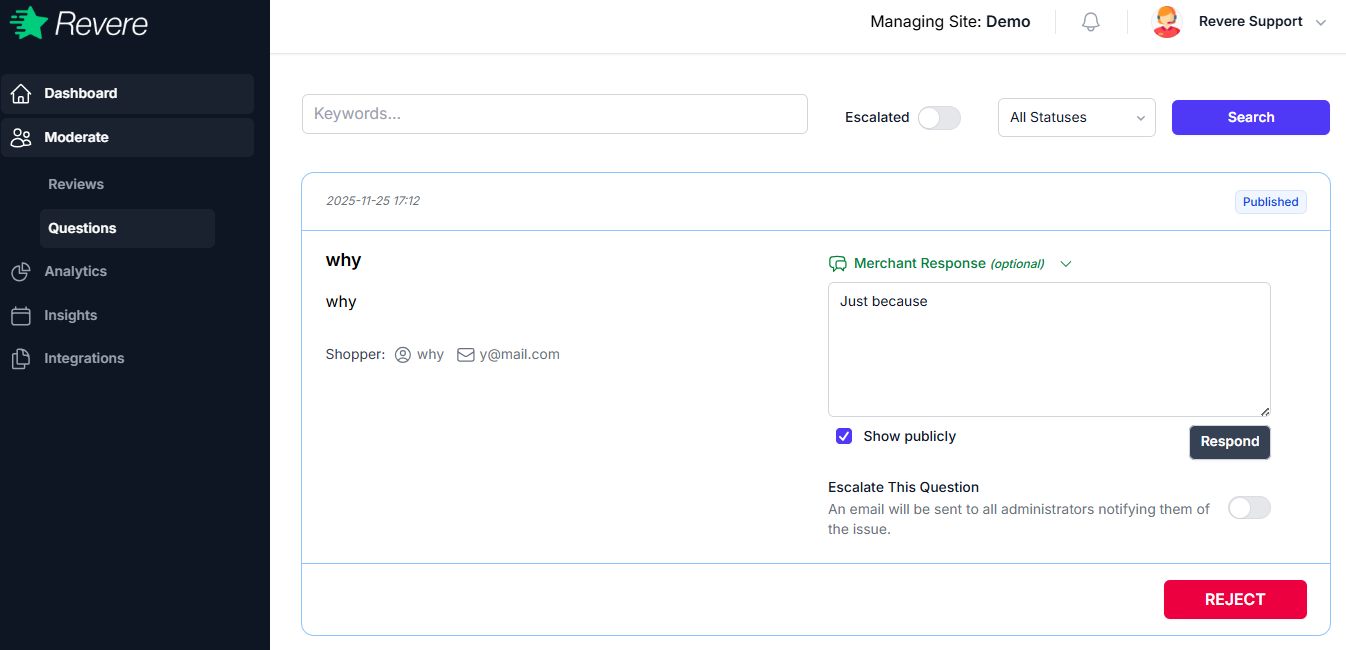 Q&A moderation screen